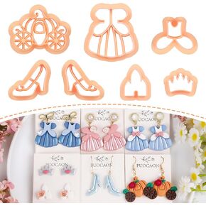 Puocaon Princess Polymer Clay Cutters - 7 Pcs Clay Cutters for Polymer Clay Jewelry, Pumpkin Carriage Clay Earring Cutters, Glass Slipper Fairytale Clay Cutters, Crown Shape Polymer Clay Cutters