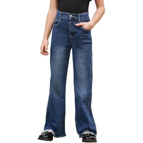 Milumia Girl's Raw Hem Stretchy Flare Jeans Bell Bottom Denim Long Pants with Pocket White 8Y
