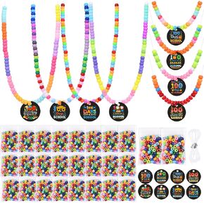 24 Pcs 100th Day of School Crafts Beads DIY Necklace Making Kit with Printed 100 Days Card Colorful Beads Kit for 100 Days of School Celebration Party Classroom Fine Motor Activities Supplies