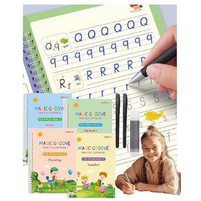 Large Handwriting Practice for Kids,Grooved Kids Writing Books for Kids,Magic Practice Copy Book,Preschool Kids (3-5) Learning Writing Practice,(4 Book with 2 Pens and Pencil Grips)