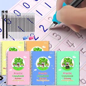 WANFRES Magic grooved Writing Practice Books Great for Beginners, 5 Books, 2 pens, 2 Pencil Grips, 20 Refills. grooved Handwriting Practice for Kids 3-10, Reusable grooved Handwriting workbooks.
