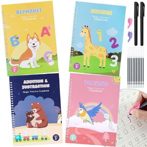 Reusable Grooved Handwriting Practice Copybooks for Kids Ages 3-5, Preschool Learn to Write Workbook Letter Tracing for Toddler Kindergarten 3-8, Large Magic Practice Copy Books (Pack of 4)