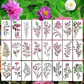 Wildflower Stencils for Painting, Reusable Leaf Flower Stencil Art Drawing Templates DIY Crafts Floral Plant Herb Stencil for Painting on Wood Wall Door Canvas Home Decor (24Pcs)
