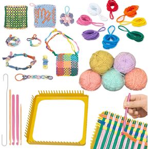 ULIONTAC 2 in 1 Weaving Looms Kit - Sewing Craft 7.5" Solid Metal Plate Potholder Loom with 5 Color 4 Strands Yarn and Colorful Loops Knitting Gift DIY Set