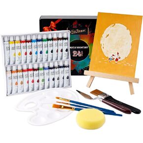 Xin Bowen Art Painting kit for Kids 33Pcs Canvas and Paint Set Painting Supplies Kit with 24 Paints 1 Canvas Panels 3 Brushes Table Easel Etc, Premium Paint Kit for Students Artists and Beginner