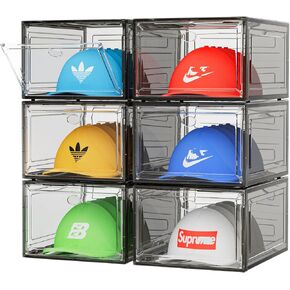 YKLSLH Hat Organizer Box, 6 Boxes for 40 Pack Hats, Upgrade Harder Solid Plastic Hat Organizer for Baseball Caps, Clear Hat Storage with Magnetic Door, Hat Rack, Hat Holder, Hat Case, Hat Box, Black