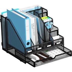 Desk File Organizer, 4 Vertical Compartments Rack + 4 Pen Holders + Drawer File Organizer, Metal Desk Magazine Folder Holder for Office, Home, School, Black