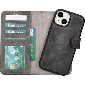 For Iphone 15 Pro Max Genuine Leather Wallet Phone Case with Credit Card Holder - Kickstand – Rfid, Shockproof, Waterproof Handmade Phone Case Compatible with Magsafe (Vessel Burnished Grey)