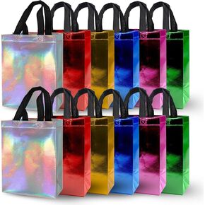 Iridescent Reusable Gift Bags with Handles - 12 Pcs Valentine's Day Gift Wrap Holographic Glossy Party Favor Bags, Shiny Goodie Tote Welcome Bag for Birthday, Wedding, Holiday, Shopping 8x4x10 Inch