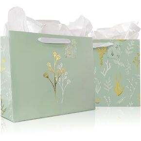 Beautiful Gift Bags Set of 2 - Large 13" Bags with Handles incl. Matching Tissue Paper, Cards & Stickers - Reusable and Perfect For Presents of Any Birthday, Weddings, Mothers Day & Special Occasion