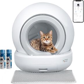 Greesum Self Cleaning Automatic Cat Litter Box, Litter Robot for Multiple Cats, Safe/APP Control/Low Noise Litter Box with Mat and 2 Roll Garbage Bags (White)