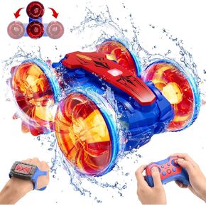 Remote Control Boat Car, Amphibious Gesture RC Boat Car 4WD Waterproof, RC Gesture Stunt Car with LED Lights, Water Beach Pool Toys for Kids Ages 4 5 6 7 8 9 10 11 12 Gifts for Boys Girls (Blue&Red)