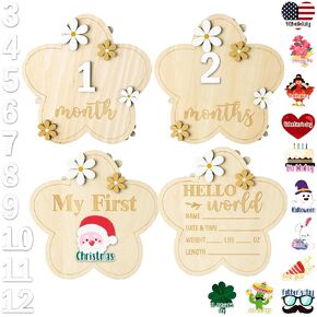R HORSE 25Pcs Baby Monthly Milestone Cards, 3D Flower Wooden Baby Monthly Milestone Marker Discs, Newborn Announcement Sign Festive Holiday Decor Baby Shower Christmas Gift