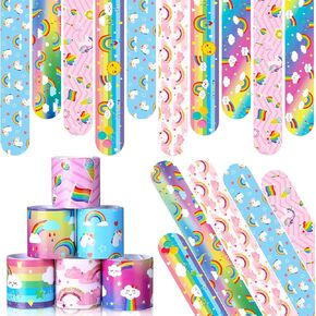 Junkin 24 Pcs Rainbow Party Favor Rainbow Slap Bracelets for Kids Wristbands Bracelets Cloud Party Favor Unicorn Rainbow Party Decoration Girl Boy Kid Baby Shower Party Supplies Magical Party (Lovely)