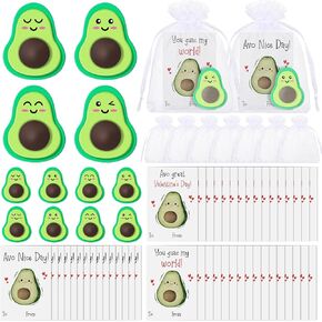 Valentine Favors for Kids Included Creative Avocado Eraser Fruit Food Pencil Eraser Avocado Valentine‘s Day Cards and Organza Bags Party Favors Stationary(24 Pcs)