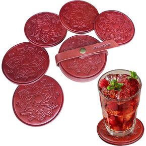 Handmade Leather Coasters 4" for Drinks - Set of 6 Modern Cup Coaster for Coffee, Wine, Desk, Table, Office - Coster for Outdoor Patio, Perfect Housewarming Gift & Home Décor (ReddishBrown)