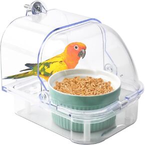 Bird Cage Feeder with Ceramic Bowl,2 in 1 No Mess Bird Feeder and Transparent Parakeet Bathtub with Bottom Drawer Hanging Tube Shower Box for Birds Budgies Parakeet Small Parrot Cockatiels