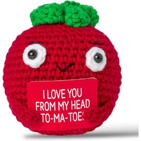 Handmade Positive Tomato Crochet Doll with Encouragement Words Card, Mini Plush Knitted Crochets Toy Cute Emotional Support Dolls Desk Party Decorations Funny Craft Gifts for Friends Family