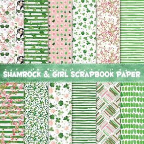 60 Sheets Watercolor Shamrock Girl Scrapbook Paper, Shamrock Girls Wildflower Stripes Polka Dots Patterns Craft Paper for St. Patrick's Day DIY Card Making Photo Album Decor, 8.3x5.7''