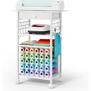 Craft Cart and Organizer Table Compatible with Cricut - Rolling Storage Cart/Shelf with 30 Vinyl Roll Holders, 1 Fabric Drawer, Accessories Holder, Tool Hook for Craft Room Home,Office（white）