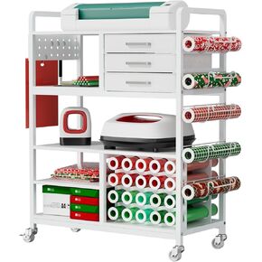 Craft Cart and Organizer Table متوافقة مع Cricut - Cricut - تخزين العربة/الرف مع 20 حامل لفات الفينيل ، 3 درج من النسيج ، حامل ملحق