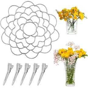 Flower Arrangement Holder, Floral Grid for Vase with 5 Pcs Fixing Clips, 6 Inch Stainless Steel Floral Frog for Vase Inserts, Wire Flower Arranging Tool for Vase Floral Stems Bouquets Plant Fixation