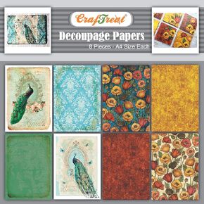 CrafTreat Peacock Decoupage Paper for Crafts - Peacock and Poppy Garden - Size: A4 (8.3 x 11.7 Inch) 8 Pcs - Damask Decoupage Paper for Furniture, Scrapbooking and Wood