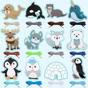 Sonwyoung 12 Pcs Polar Animals Lacing Cards Toy Sewing Kits Cardboard Sewing Cards Lacing Games Threading Board Activity Games for Developing Imagination