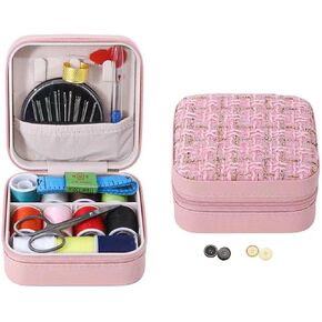Mini Sewing Kit in Stylish Leather Case – Complete Set with Scissors, Needles, Thread, Needle Threader, Thimble & More – Perfect for Beginners & Travel (Pink)