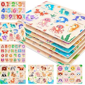 Toddler Puzzles Montessori Toys for 3 4 5 Years Old, 6 PCS Wooden Puzzles for Kids Ages 4-6 - Learning Alphabet, Numbers, Shapes and Animals, Educational Toys Puzzle Gifts for Girls Boys