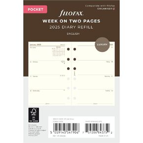 Filofax Calendar Diary Refill, Pocket Size, Week-to-View, Cotton Cream Paper, Unruled, English, 2025 (C68224-25)