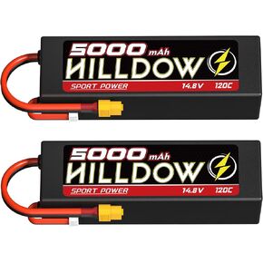 Hilldow 4S 14.8V Lipo Battery 5000mAh 120C HardCase RC Battery with XT60 Plug for RC Car RC Buggy Truggy 1/10 Scale RC Truck Crawler Monster(2 Pack)