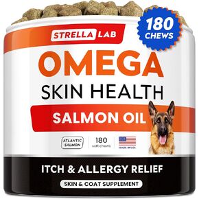 StrellaLab Omega 3 for Dogs - (180Ct) Fish Oil Treats - Allergy & Itch Relief Skin&Coat Supplement - Dry Itchy Skin, Shedding, Hot Spots Treatment, Anti Itch - Pet Salmon Oil Chews - Atlantic Salmon