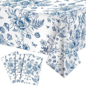 Tiamon 3 Pcs Blue Floral Plastic Tablecloth 54 x 108 Inch Vintage Rectangle Table Cover Disposable Blue Flower Tablecloth Navy and White Porcelain Table Decor for Wedding Shower Birthday Party