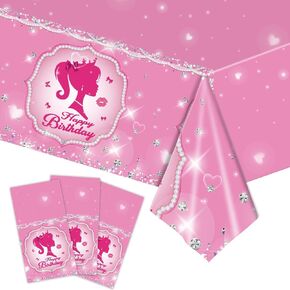 Pink Girl Party Decorations, Princess Disposable Tablecloth Waterproof Plastic Rectangular Table Cover for Happy Birthday Party Supplies, 3 Pack, 54 x 108 inch (3)