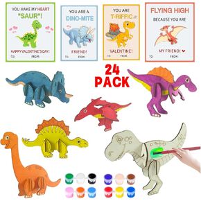 Valentines Day Gifts for Kids, 24 Pack Wooden 3D Puzzles Dinosaur Toys, Valentines Day Cards for Kids School, Fidget Toys, Class Exchange Paint Crafts Party Favors for Boys Girls Classroom Prize Teens