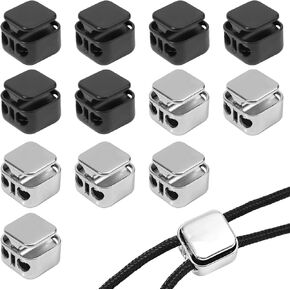 12pcs Heavy Duty Cord Locks, Double Hole Metal Press Cord Locks Pull Cord Stop Fastener Drawstring Stopper Draw String Clip for Lanyard Paracord Pants Shoelaces Drawstrings (Black, Silver)