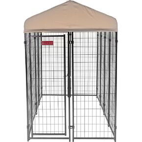 Lucky Dog Stay Series 4 x 8 Feet Villa Black Powder Coat Steel Frame Large Outdoor Dog Kennel with Waterproof Canopy Roof and Single Gate Door, Khaki