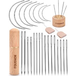 FOUSNOW 24 Pcs Leather Sewing Needles, Heavy Duty Sewing Needles Kit with Upholstery Needles, Needle Threaders for Hand Sewing, Curved Sewing Needles for Leather, Upholstery, Car, Carpet, Sofa Repair