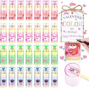 MOVINPE Valentines Day Gifts for Kids - 28 Pack Mini Drawing Colored Pencils with Valentines Cards, Come with Sharpener Jute Rope, Valentine Day Classroom Exchange Gift School Class Prizes Bulk