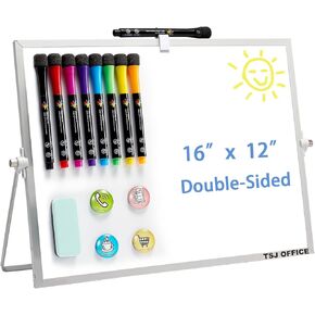 TSJ OFFICE Dry Erase White-Board - 16 X 12 Inches Double Sided Small Magnetic Whiteboard with Hooks for Wall, Portable Mini Desktop Whiteboard 360 Degrees Revolving Stand for Office, Home, School