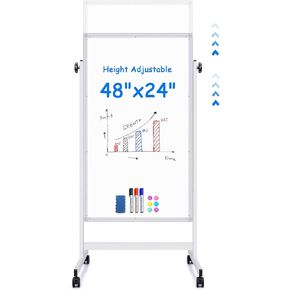 maxtek Rolling White Board, 44x28 Inches Magnetic White Board Cork Board Combo, Portable Double-Sided Dry Erase Board on Wheels, Height Adjutable Easel White Board for Home, School, Office