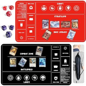 Card Game Playmats MTG Playmat for Beginner 2 Pack with Dices, Magic Mat Commander Deck Card Playmat for TCG MTG Accessories Play Mat 24x14 Inches Duel Card Battles, Black/Red