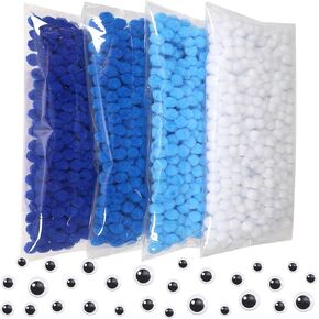 TOAOB 1900pcs 1cm Assorted Pom Poms Blue Fuzzy Pompoms Balls Art Supplies with Wiggle Eyes for DIY Crafts Decorations