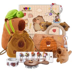 Capybara Plush Gifts for Girls 4 5 6 7 8 9 10+ Years Old, Kids Cute Capybara Toys with Stuffed Animal/Keychain/Bag/Bath Towel/Hair Pins/Bracelet/Headband, Christmas Birthday Plush Toys Set