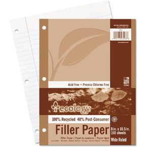 Pacon 3203 Ecology Filler Paper, 8 x 10-1/2, Wide Ruled, 3-Hole Punch, White, 150 Sheets/PK