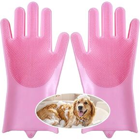 Dog Bathing Gloves,Dog Washing Grooming Gloves for Bathing and Massaging,Silicone Gloves with Enhanced Five Finger Design,Pink