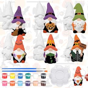 CroBlissful 6 Sets Paint Your Own Ceramic Gnome Statues Ready to Paint Ceramics Paintable Gnome Figurines Unpainted Plaster Arts and Crafts with Brush Palette Paint for Adults (Halloween)