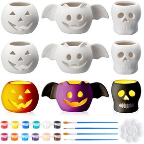 TecUnite 9 Pcs Halloween Ceramic Pumpkins to Paint DIY Unpainted Skull Bat Figurines Ready to Paint Craft Kit with Paint, Brushes, and Palette for Halloween Fall Party Decoration Art Favor Gift