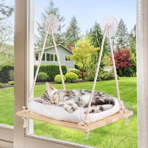 Cat Window Perch - Cat Window Hammock with Cushion Bed - Solid Wood Seat & Strong Suction Cups - Cat Window Bed & Furniture for Indoor - Hanging Window Shelf for Cats and Kittens(1-Layer)